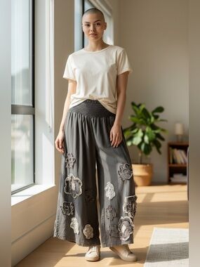 OLI & HALI Smocked Waist Flower Patch Wide Leg Pants Tencel Grey S